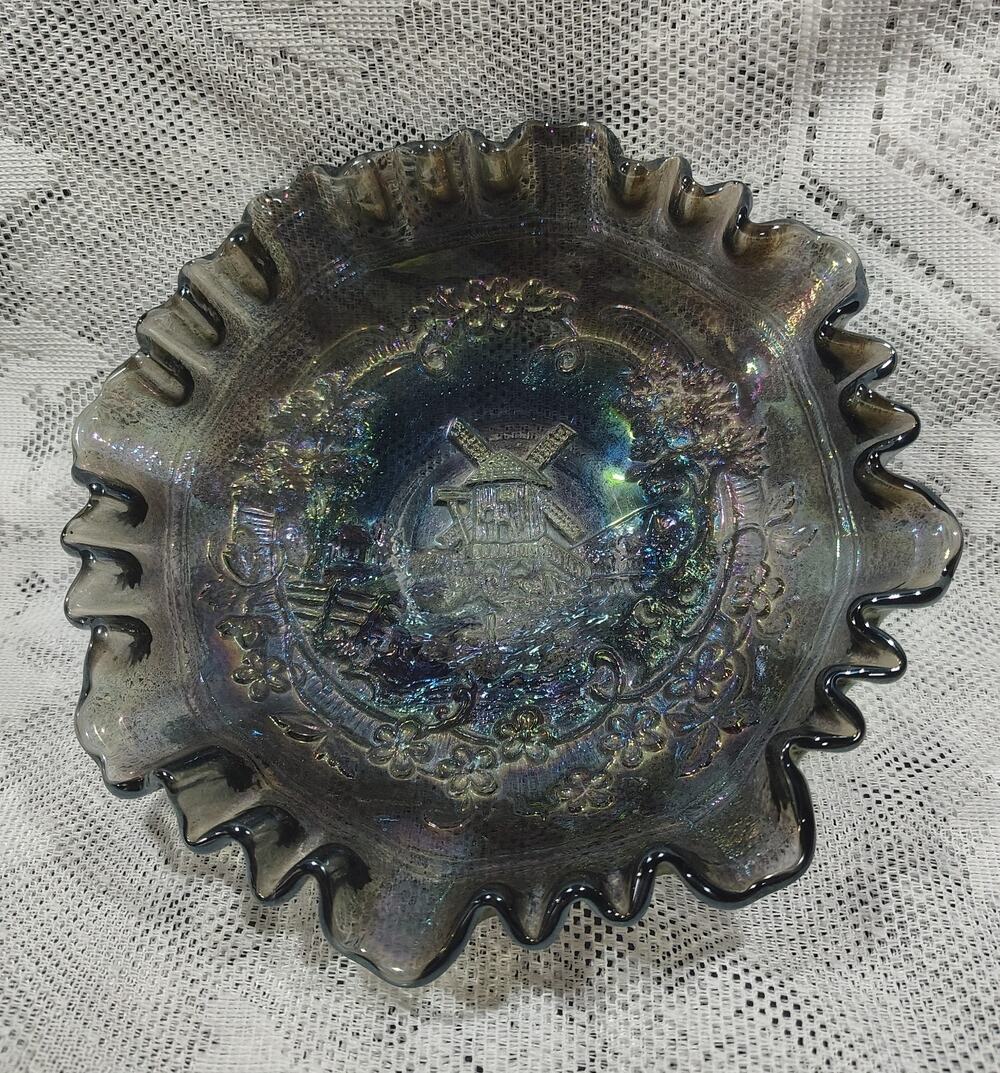 Vintage Imperial Carnival Glass Windmill Ruffled Edge Bowl Candy Dish